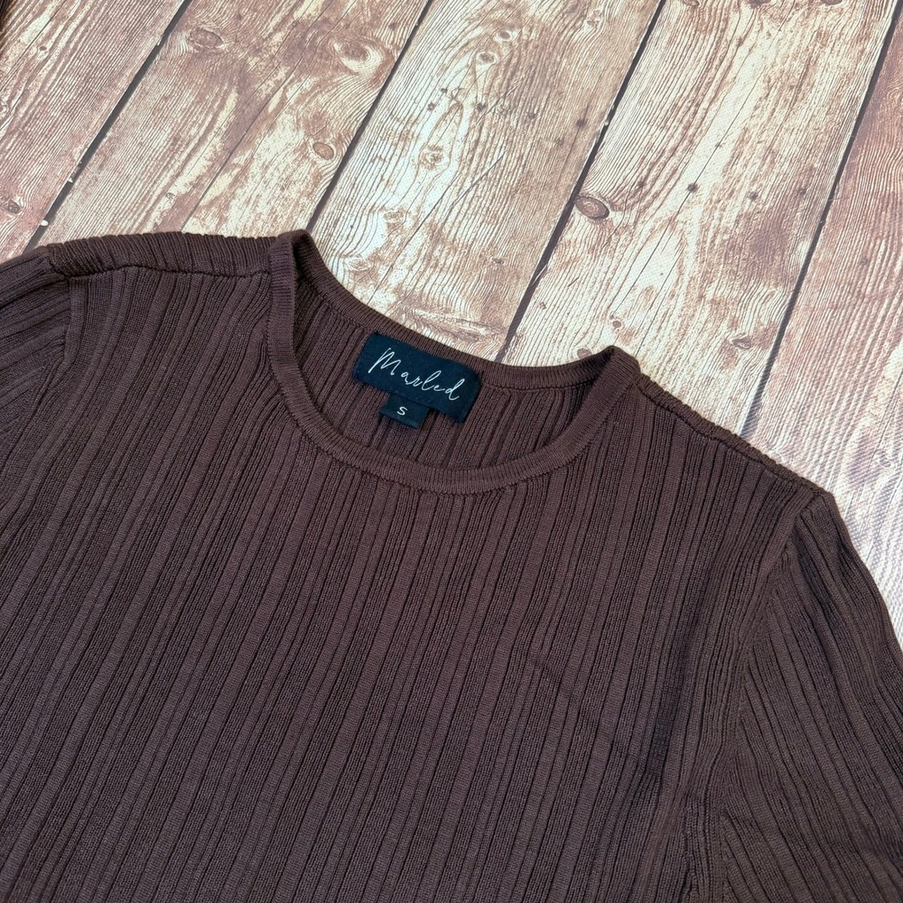 Marled Ribbed Knit Sweater Womens Small Brown Button Cuff Long Sleeve Slim